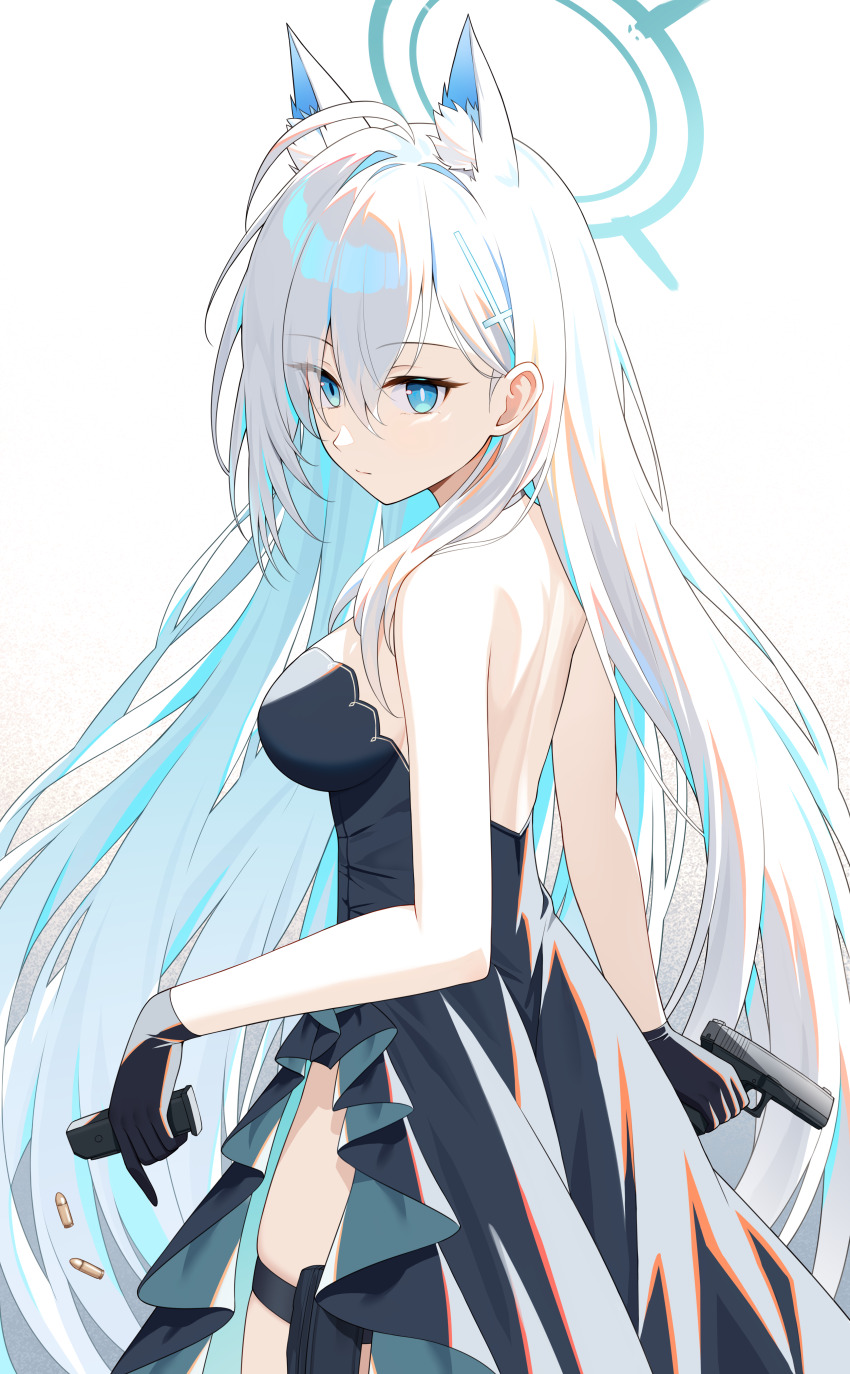 1girl absurdres animal_ears aqua_hair aqua_halo backless_dress backless_outfit black_dress black_ghost black_gloves blue_archive blue_eyes breasts bullet closed_mouth commentary_request dress from_behind gloves grey_background gun halo handgun highres holding holding_gun holding_magazine_(weapon) holding_weapon long_hair looking_to_the_side magazine_(weapon) medium_breasts multicolored_hair shiroko_(blue_archive) shiroko_terror_(blue_archive) simple_background solo streaked_hair very_long_hair weapon white_hair wolf_ears xiangmaofaqijuedou