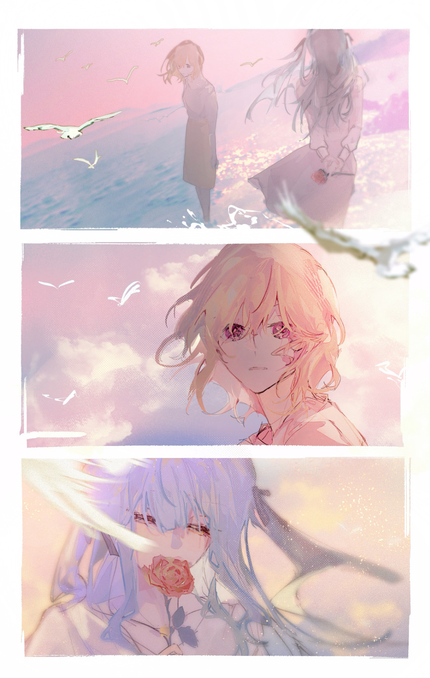 2girls absurdres bang_dream! bang_dream!_it&#039;s_mygo!!!!! black_ribbon blonde_hair blue_hair chinese_commentary commentary_request flower hair_ribbon highres holding holding_flower long_hair long_sleeves medium_hair misumi_uika multiple_girls purple_eyes red_flower red_rose ribbon rose shirt togawa_sakiko wading white_shirt yi_chuan_xian_hua