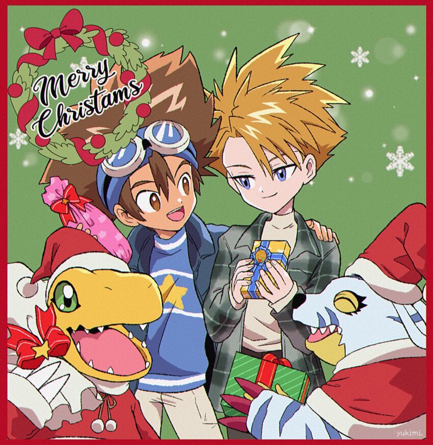agumon blonde_hair blue_eyes blue_headband blue_shirt border brown_eyes brown_hair capelet closed_eyes cowboy_shot digimon digimon_(creature) digimon_adventure gabumon goggles goggles_on_head green_background green_eyes grey_shirt group_picture headband highres ishida_yamato male_focus medium_hair merry_christmas red_border red_capelet shirt short_hair simple_background yagami_taichi yukimi_(kurumi-no-naruki)