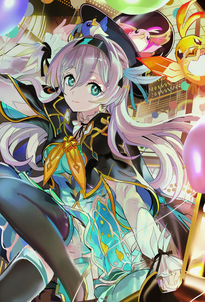 119 1girl arm_up balloon bird black_hairband black_jacket black_thighhighs breasts building closed_mouth dress firefly_(honkai:_star_rail) green_dress green_eyes grey_hair hair_between_eyes hair_ornament hairband hat highres honkai:_star_rail honkai_(series) jacket long_hair long_sleeves looking_at_viewer medium_breasts neckerchief orange_neckerchief smile thighhighs top_hat