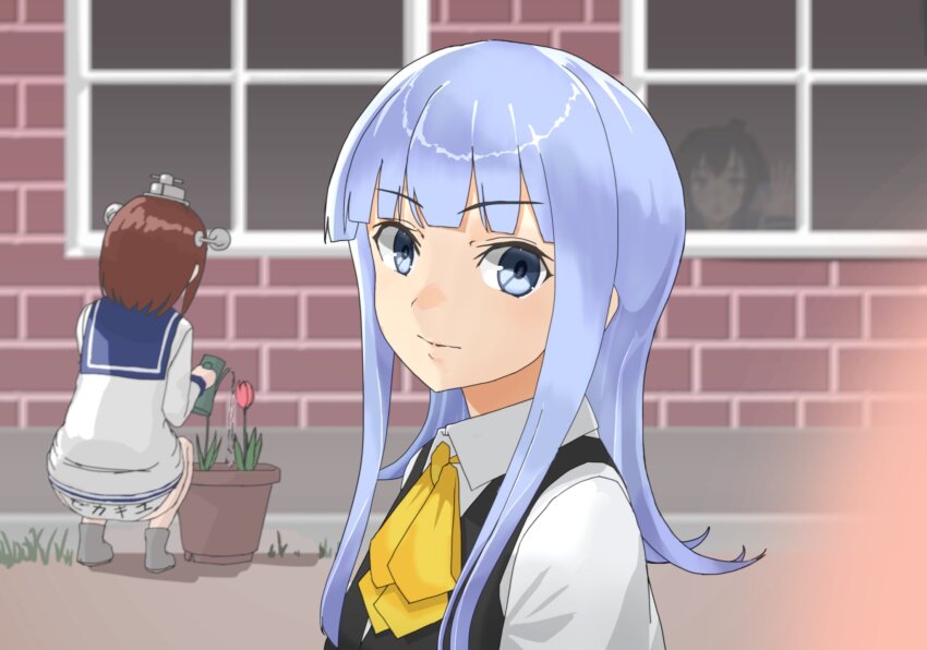 3girls blue_eyes blue_hair blunt_bangs bow bowtie collared_shirt dress_shirt from_behind hatsukaze_(kancolle) highres kantai_collection looking_at_viewer multiple_girls panties pantyshot plant potted_plant school_uniform shirt solo_focus squatting tokitsukaze_(kancolle) underwear upper_body white_panties white_shirt window yellow_bow yellow_bowtie yukikaze_(kancolle) yuushou