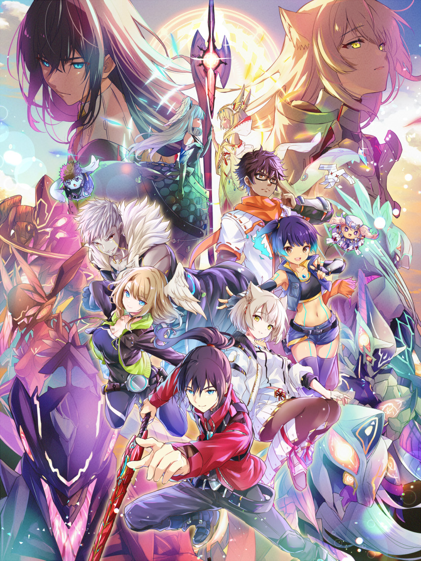 absurdres animal_ear_fluff animal_ears blue_eyes breast_tattoo breasts camisole cat_ears chest_jewel eunie_(xenoblade) fiery_hair glowing_lines grey_hair head_wings highres jacket lanz_(xenoblade) manana_(xenoblade) melia_antiqua mio_(xenoblade) multiple_girls n_(xenoblade) nia_(xenoblade) noah_(xenoblade) ouroboros_(xenoblade) pantyhose riku_(xenoblade) sena_(xenoblade) short_hair skirt small_breasts taion_(xenoblade) tank_top tattoo ui_frara white_camisole white_jacket white_skirt wings xenoblade_chronicles_(series) xenoblade_chronicles_3 yellow_eyes
