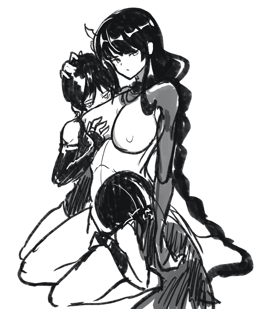 1girl 2boys absurdres armor blunt_bangs blunt_ends bodysuit breasts bridal_gauntlets closed_mouth expressionless face_to_breasts genshin_impact hand_on_another&#039;s_head hetero highres incest japanese_armor kote lap_pillow large_breasts long_hair low-braided_long_hair low-tied_long_hair mitsudomoe_(shape) mole mole_under_eye momogourami mother_and_son multiple_boys nipples raiden_shogun scaramouche_(genshin_impact) seiza shrug_(clothing) sidelocks sitting sketch tomoe_(symbol) very_long_hair wanderer_(genshin_impact)