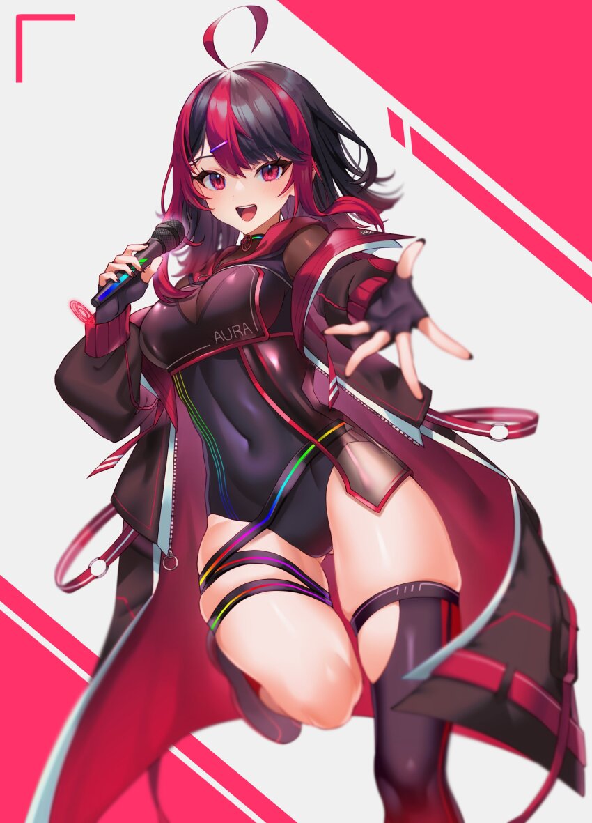 absurdres ahoge black_hair bodystocking breasts cleavage cleavage_cutout clothing_cutout gx_aura highres holding holding_microphone jacket medium_breasts microphone multicolored_hair open_clothes open_jacket opera_gx rainbow_gradient red_eyes red_hair single_thighhigh tagme thighhighs two-tone_hair virtual_youtuber zero-go