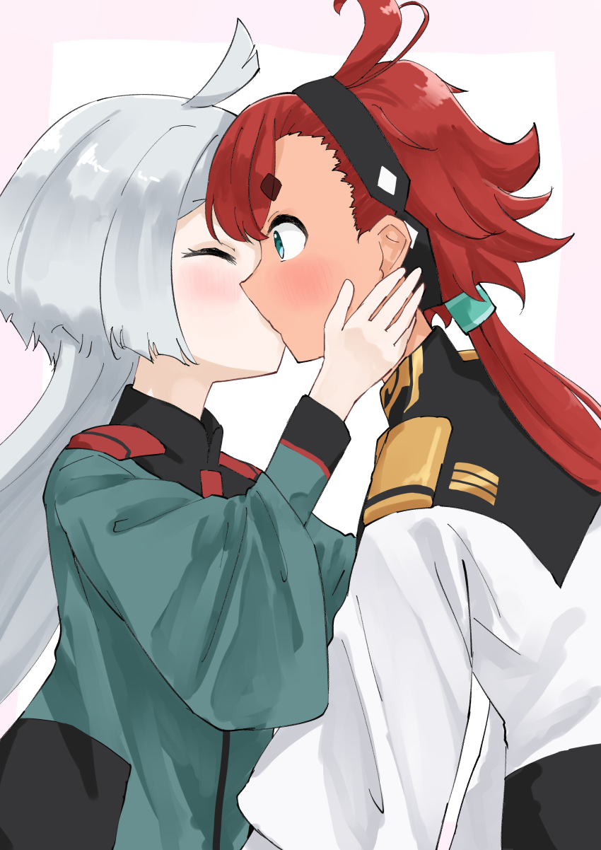 2girls absurdres ahoge asticassia_school_uniform black_hairband blue_eyes blush closed_eyes commentary_request green_jacket gundam gundam_suisei_no_majo hachibiteru hairband hand_on_another&#039;s_face highres jacket kiss long_hair miorine_rembran multiple_girls pink_background red_hair school_uniform suletta_mercury thick_eyebrows two-tone_background white_hair white_jacket yuri