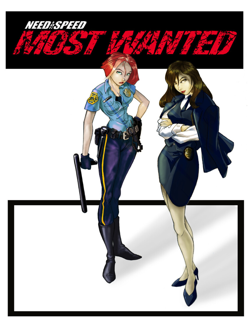 2girls al_kang baton_(weapon) belt black_belt black_footwear black_necktie black_skirt black_vest blue_eyes blue_shirt boots breasts brown_eyes brown_hair cable cleavage collared_shirt commentary copyright_name english_commentary frown green_eyes hand_on_own_hip highres holding_baton_(weapon) jacket jacket_on_shoulders leaning_back logo long_hair looking_at_viewer multiple_girls narrow_waist necktie need_for_speed need_for_speed:_most_wanted_(2005) official_art pants pantyhose police police_badge police_uniform policewoman production_art prototype_design purple_pants red_hair red_lips shirt short_hair skirt small_breasts vest walkie-talkie weapon