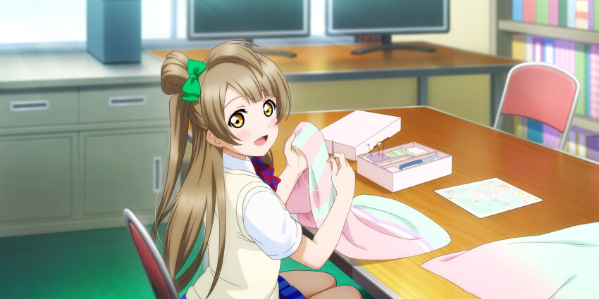 1girl anime_coloring bloom blue_skirt blunt_bangs blurry blurry_background blush bokeh book bookshelf bow bowtie brown_hair brown_sweater_vest chair clubroom computer computer_tower depth_of_field desk diagonal-striped_bow diagonal-striped_bowtie diagonal-striped_clothes dress_shirt folding_chair from_side green_bow hair_bow highres holding holding_cloth holding_needle holding_sewing_needle indoors light_rays long_hair looking_at_viewer looking_to_the_side love_live! love_live!_school_idol_festival_all_stars love_live!_school_idol_project minami_kotori miniskirt monitor multiple_monitors needle official_art on_chair one_side_up open_mouth otonokizaka_school_uniform paper plaid_clothes plaid_skirt pleated_skirt red_bow red_bowtie school_uniform sewing sewing_kit sewing_needle shelf shirt short_sleeves sitting skirt smile solo striped_bow striped_bowtie striped_clothes summer_uniform sunbeam sunlight sweater_vest white_shirt window yellow_eyes