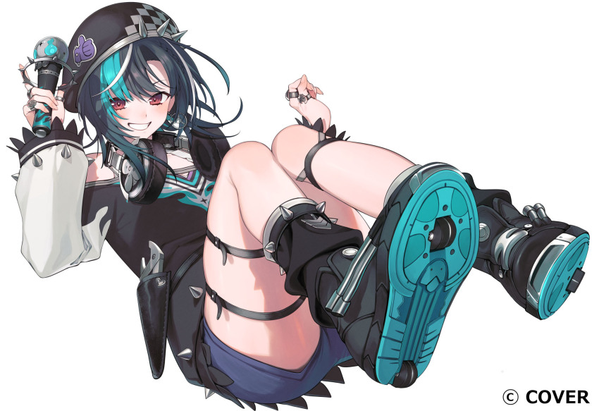 1girl aqua_hair black_hair black_shirt blue_shorts blush boots colored_shoe_soles grin hair_between_eyes headphones headphones_around_neck highres holding holding_microphone hololive hololive_dev_is holster jewelry long_hair long_sleeves looking_at_viewer microphone multicolored_hair official_art rindo_chihaya ring shirt shoe_soles shorts simple_background smile solo spiked_boots streaked_hair thigh_strap thighs virtual_youtuber white_background white_hair