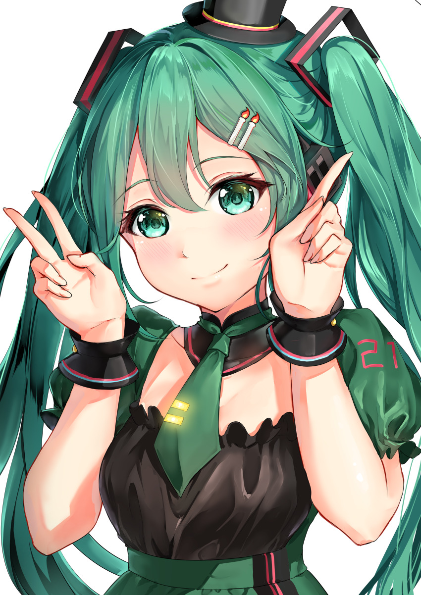 1girl absurdres black_hat black_wrist_cuffs blush breasts candle_hair_ornament closed_mouth commentary_request glowing green_eyes green_hair green_necktie hair_between_eyes hat hatsune_miku highres long_hair looking_at_viewer mini_hat necktie puffy_short_sleeves puffy_sleeves rissenka short_sleeves simple_background smile solo tie_clip twintails v vocaloid white_background wrist_cuffs
