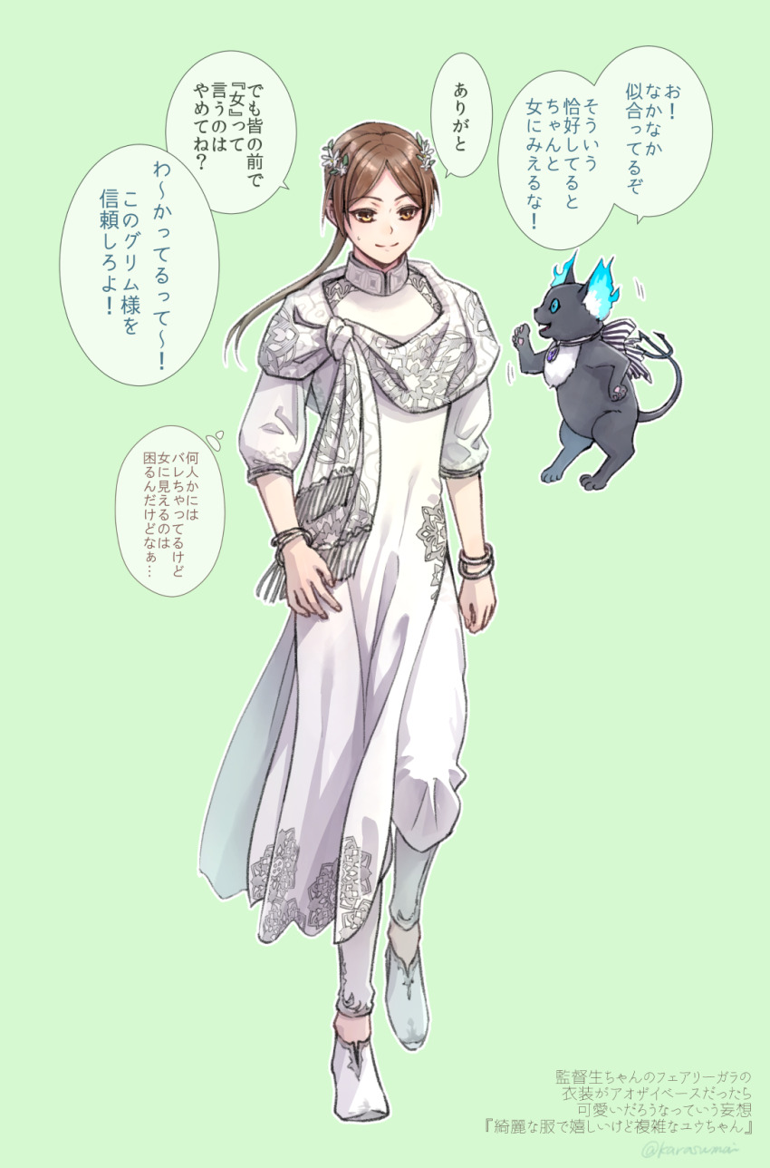 1girl brown_eyes brown_hair changpao chinese_clothes commentary_request creature crowdance full_body green_background grim_(twisted_wonderland) highres long_hair looking_at_viewer robe simple_background solo standing standing_on_one_leg translation_request twisted_wonderland walking white_robe yuu_(twisted_wonderland)
