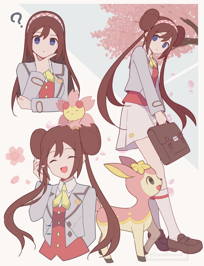 1girl 343rone absurdres blue_eyes breasts brown_hair cherrim cherrim_(sunshine) closed_mouth collared_shirt deerling deerling_(spring) double_bun gen_4_pokemon gen_5_pokemon hair_bun hairband highres jacket long_hair long_sleeves looking_at_viewer nintendo official_alternate_costume open_clothes open_jacket pleated_skirt pokemon pokemon_(creature) pokemon_masters_ex red_vest rosa_(academy)_(pokemon) rosa_(pokemon) school_uniform shirt skirt smile socks solo twintails vest white_shirt