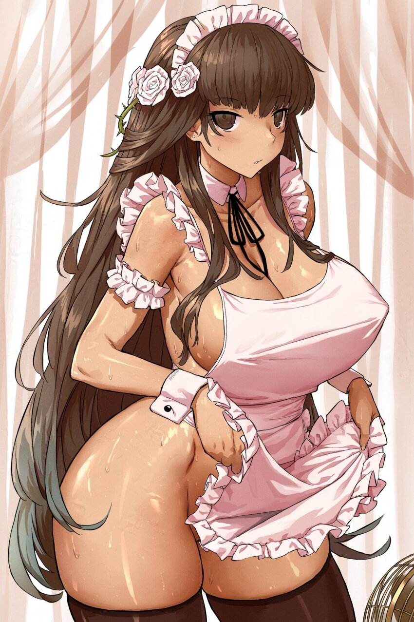 1girl apron apron_lift blush breasts brown_eyes brown_hair clothes_lift cowboy_shot curvy flower frilled_apron frills hair_flower hair_ornament haraya_manawari highres large_breasts looking_at_viewer maid maid_apron maid_headdress naked_apron open_mouth original sideboob solo sweat thighhighs white_apron wrist_cuffs
