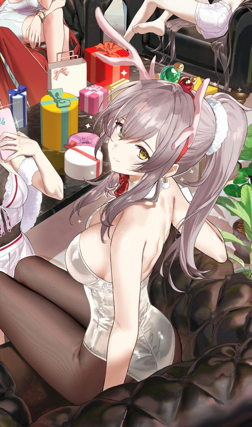 4girls antlers barefoot bow bowtie box bracelet breasts christmas_ornaments_in_hair cleavage closed_mouth collar detached_collar earrings gift gift_box grey_hair grey_leotard highres holding holding_phone honkai:_star_rail honkai_(series) horns jewelry leotard long_hair multiple_girls pantyhose phone plant ponytail red_bow red_bowtie red_hair reindeer_antlers salmon88 sitting sparkle stelle_(honkai:_star_rail) trailblazer_(honkai:_star_rail) white_collar yellow_eyes