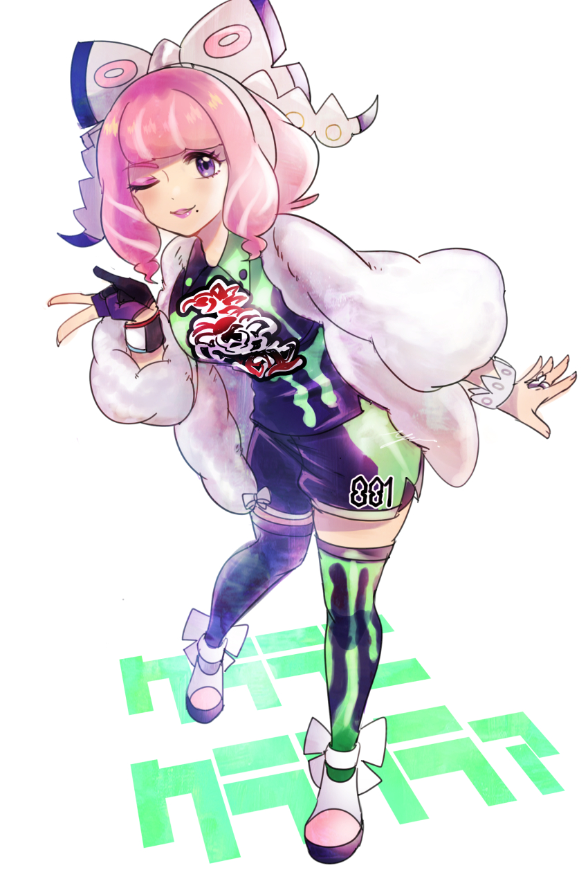 1girl absurdres aiu123456 asymmetrical_legwear bow bracelet breasts collared_shirt creatures_(company) drill_hair dynamax_band eyeshadow flipped_hair full_body fur_jacket game_freak gloves hair_bow hairband hand_up highres jacket jewelry klara_(pokemon) leaning_forward makeup medium_breasts mismatched_legwear mole mole_under_mouth nintendo one_eye_closed pink_eyeshadow pink_hair pink_lips pokemon pokemon_swsh print_shirt print_shorts print_thighhighs purple_eyes ring shirt shorts side_slit side_slit_shorts single_glove smile solo thighhighs twin_drills white_bow white_hairband