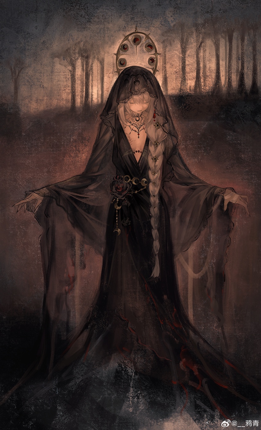1girl absurdres black_dress black_flower black_nails black_rose black_veil braid breasts breasts_apart center-flap_bangs chain_belt chest_tattoo chinese_commentary closed_eyes crescent dress facing_viewer fingernails flower flower_ornament forest full_body gem hair_between_eyes hair_ornament hair_over_shoulder halo halo_behind_head highres jewelry long_dress long_hair long_sleeves nail_polish nature necklace official_alternate_costume open_mouth plunging_neckline red_gemstone reverse:1999 rose semmelweis_(reverse:1999) sharp_fingernails single_braid small_breasts solo standing straight-on tattoo tree veil very_long_hair watermark weibo_watermark white_hair wide_sleeves yaqing