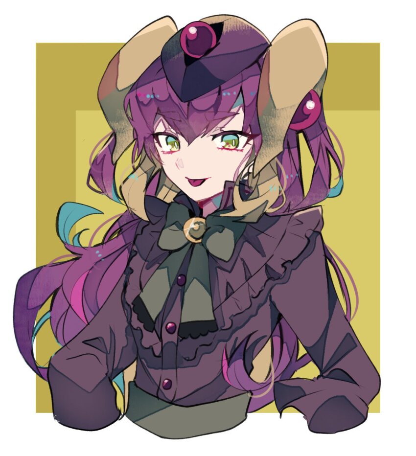 1girl :p blouse border bow bowtie frilled_shirt frills green_bow green_bowtie green_eyes highres horns long_hair long_sleeves personification purple_hair shirt solo starving_venom_fusion_dragon teketeke_(tasutekete) tongue tongue_out upper_body white_border yu-gi-oh! yu-gi-oh!_cross_duel
