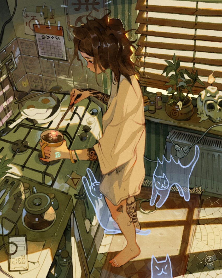 1girl arm_tattoo artist_logo backlighting bandaid bandaid_on_leg barefoot brown_hair cable calendar_(object) candle cat cellphone closed_mouth coffee_pot commentary cooking counter cup cupboard dated drink english_commentary film_grain flower_pot fried_egg from_above from_side frying_pan ghost glowing hand_tattoo hand_up highres holding holding_cup holding_wand indoors jar kitchen ladle leg_tattoo light_particles loaded_interior logo long_hair looking_down magic messy_hair muted_color original oversized_clothes oversized_shirt perspective pet phone plant potted_plant profile radiator rug scenery sett shade shirt simz skull sleepy slice_of_life smartphone spoon standing stove sunlight tape tattoo thick_eyebrows three-quarter_sleeves tiles toaster wand white_shirt window window_blinds window_shadow wooden_spoon