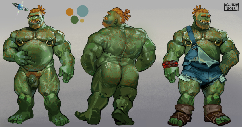 1boy abs bara bare_pectorals beard belly belly_grab bulge reference_sheet chivo_(kalchivo) colored_skin completely_nude denim_overalls dreadlocks energy_ball facial_hair farmer fat fat_man flaccid from_behind full_beard full_body green_skin hairy highres huge_eyebrows large_pectorals looking_at_viewer looking_back male_focus male_pubic_hair mature_male monster_boy multiple_views muscular muscular_male mustache navel_hair nipple_piercing nipple_rings nipples nose_piercing nose_ring nude orange_hair orc original overalls pectorals penis piercing pointy_ears profile pubic_hair second-party_source sparse_arm_hair standing strongman_waist thick_ass_hair thick_chest_hair thick_leg_hair thick_mustache thick_thighs thighs torn_clothes torn_overalls tusks ugly_bastard uncensored vael_(bulph)