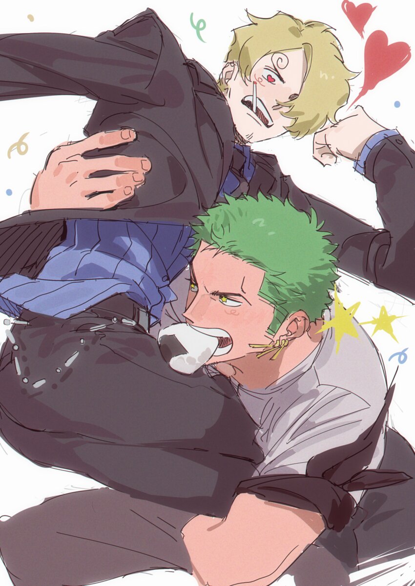 2boys absurdres bandana bandana_around_arm black_bandana black_jacket black_pants blonde_hair blue_shirt blush carrying carrying_person cigarette commentary earrings feet_out_of_frame food food_in_mouth green_hair heart heart-shaped_pupils highres jacket jewelry long_sleeves mouth_hold multiple_boys one_piece onigiri pants princess_carry roronoa_zoro sanji_(one_piece) shirt short_hair star_(symbol) sweetdou3 symbol-shaped_pupils teeth_hold white_shirt yaoi