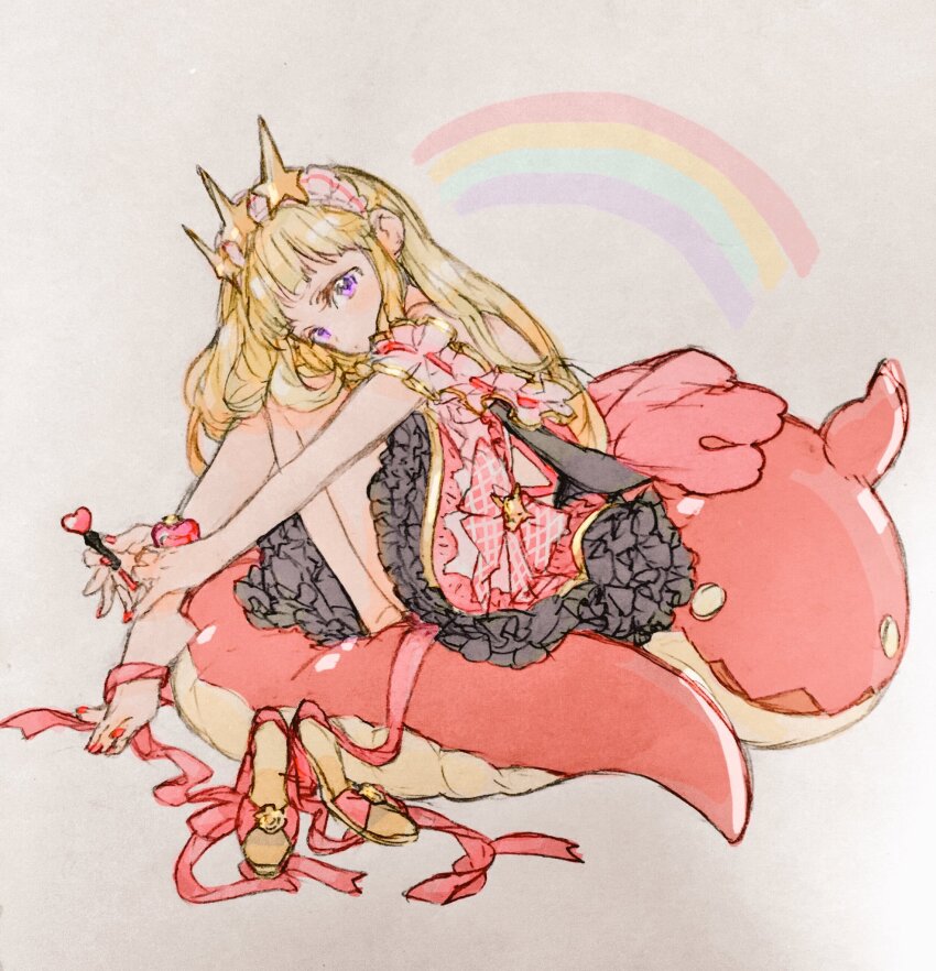 1girl applying_pedicure barefoot blonde_hair blush cagliostro_(dreamy_dreamy_alchemist)_(granblue_fantasy) cagliostro_(granblue_fantasy) cosmetics dress expressionless frilled_dress frills gacho_p granblue_fantasy high_heels highres long_hair looking_at_viewer nail_polish nail_polish_bottle painting_nails painting_toenails purple_eyes rainbow red_nails ribbon shoes sitting solo stuffed_toy tiara toenail_polish toenails toes unworn_shoes