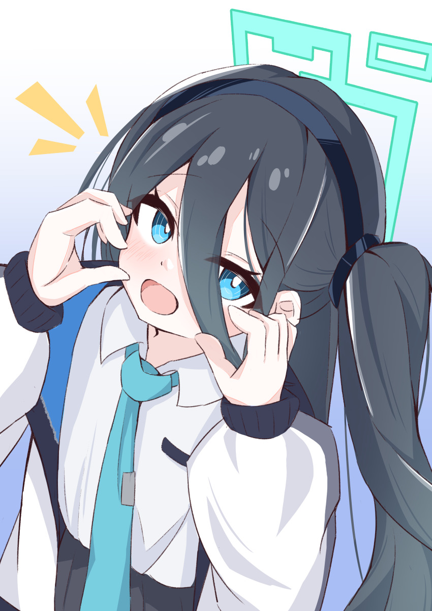 1girl absurdres aqua_halo aris_(blue_archive) black_hairband black_skirt blue_archive blue_background blue_eyes blue_necktie blush bright_pupils collared_shirt commentary_request dot_nose double-parted_bangs gradient_background grey_hair hair_between_eyes hairband halo hands_up highres jacket long_bangs long_hair long_hair_between_eyes long_sleeves looking_at_viewer looking_up multi-source_commentary nanamiya_nagi necktie notice_lines one_side_up open_clothes open_jacket open_mouth pleated_skirt puffy_long_sleeves puffy_sleeves raised_inner_eyebrows rectangular_halo ringed_eyes school_uniform shirt shirt_tucked_in skirt smile solo two-tone_background upper_body very_long_hair white_background white_jacket white_pupils white_shirt