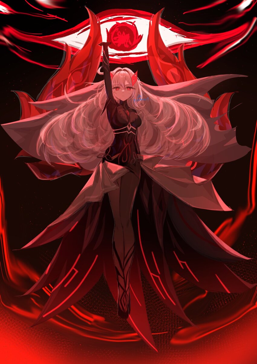 1girl extra_eyes eye_hair_ornament eye_symbol genshin_impact gloves hair_between_eyes hair_ornament highres long_hair looking_at_viewer nekokuro_(geja5355) ronova_(genshin_impact) symbol-shaped_pupils white_hair