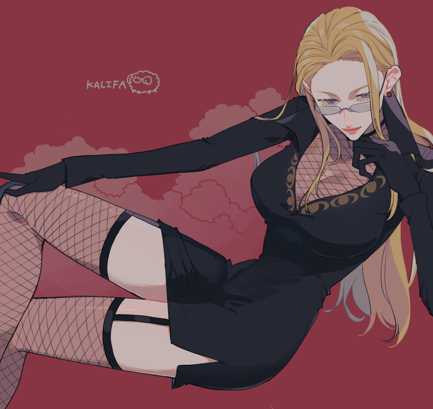 1girl black_dress black_gloves blonde_hair character_name commentary_request dress earrings eyelashes fishnet_thighhighs fishnet_top fishnets garter_straps glasses gloves hair_slicked_back highres jewelry kalifa_(one_piece) long_sleeves one_piece paruma_umu pearl_earrings red_background simple_background solo thighhighs