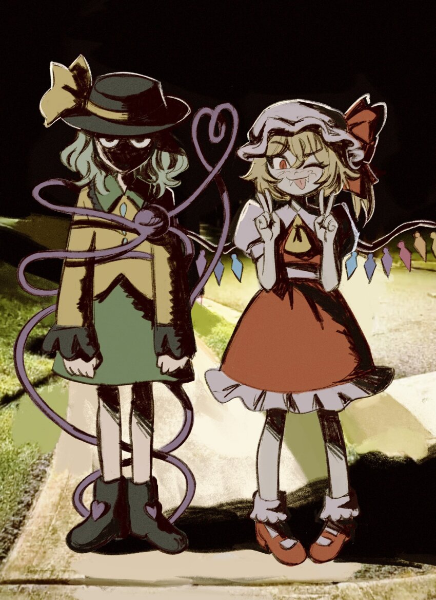 2girls ascot black_footwear black_hat blonde_hair commentary crystal_wings double_v flandre_scarlet flandrepudding full_body green_hair green_skirt hat hat_ribbon heart heart_of_string highres komeiji_koishi looking_at_viewer meme multiple_girls night one_eye_closed outdoors red_eyes red_footwear red_skirt ribbon shaded_face shirt skirt socks standing third_eye tongue tongue_out touhou v white_socks why_dis_ninja_look_so_mad_(meme) yellow_ascot yellow_ribbon yellow_shirt
