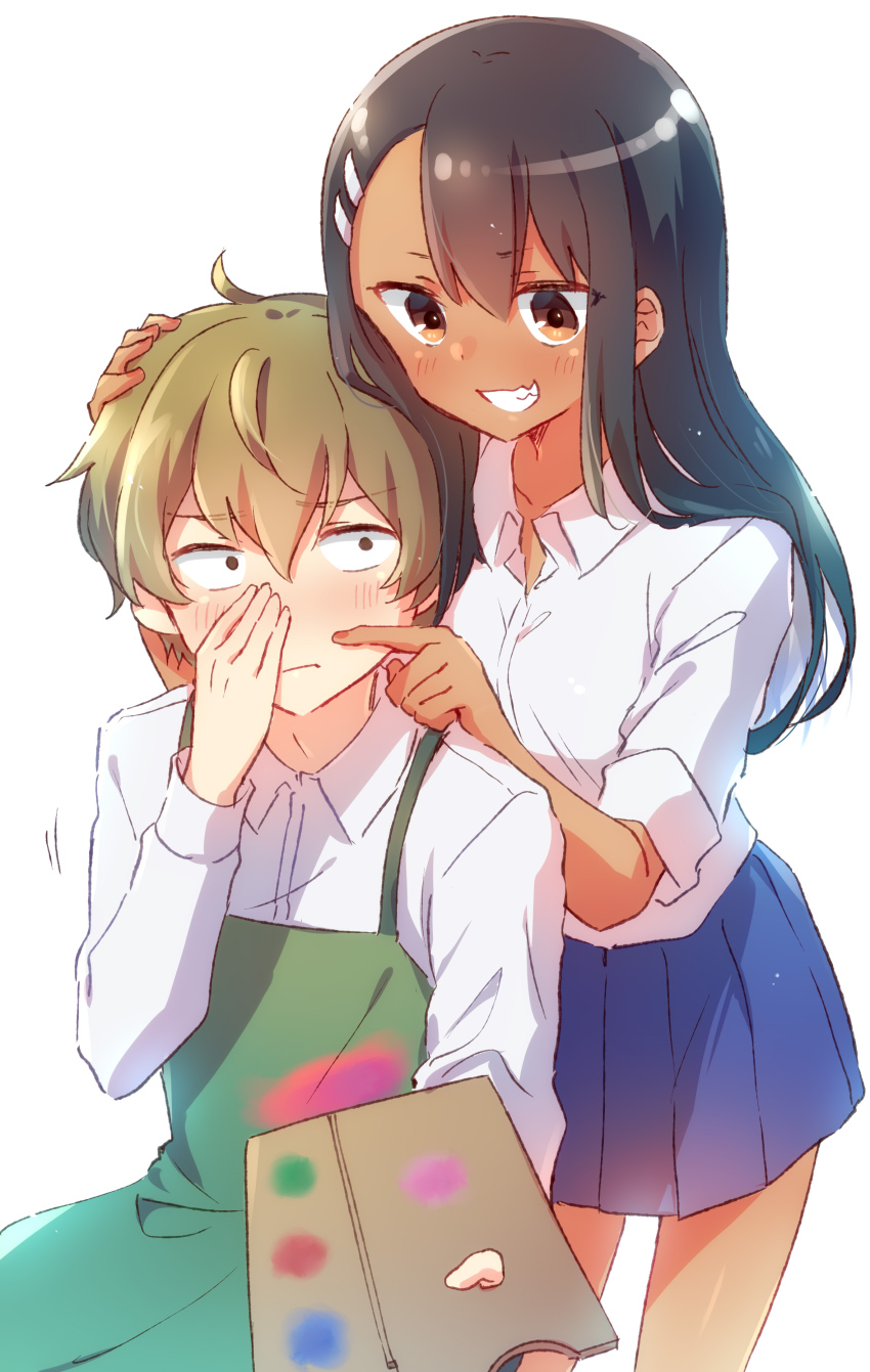 1boy 1girl absurdres apron black_hair blue_skirt blush brown_eyes cheek_poking collared_shirt commentary_request cowboy_shot green_apron green_hair grin hachiouji_naoto hand_on_another&#039;s_head hand_up highres holding holding_paint_palette ijiranaide_nagatoro-san long_hair long_sleeves nagatoro_hayase no_eyewear nyaa_(nnekoron) paint_palette pleated_skirt poking school_uniform shirt short_hair simple_background skirt smile standing white_background white_shirt