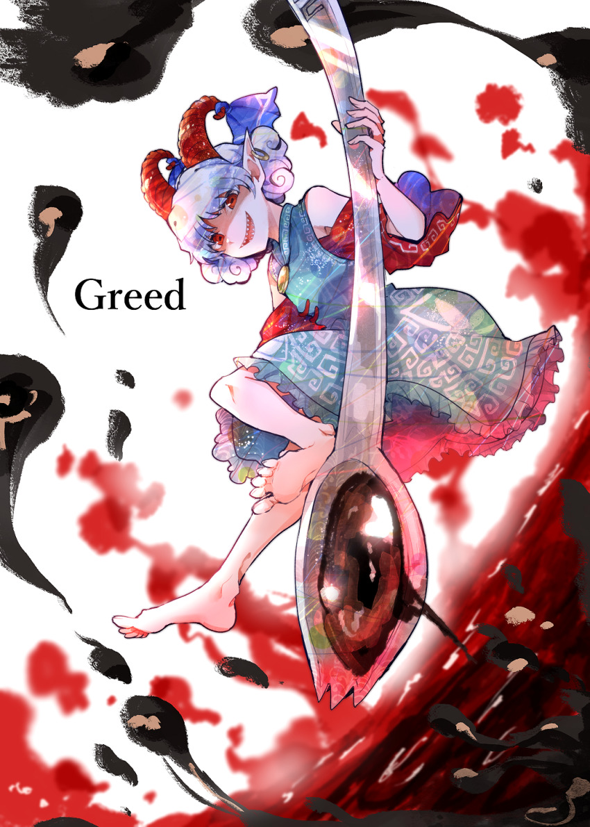 1girl barefoot blue_dress curly_hair detached_sleeves dress earrings english_text eye_print highres holding holding_spork horizontal_pupils horn_ornament horn_ribbon horns itomugi-kun jewelry meandros oil oversized_object patterned_clothing pointy_ears rectangular_pupils red_eyes red_horns red_sleeves ribbon sharp_teeth sheep_horns spork teeth touhou toutetsu_yuuma white_hair