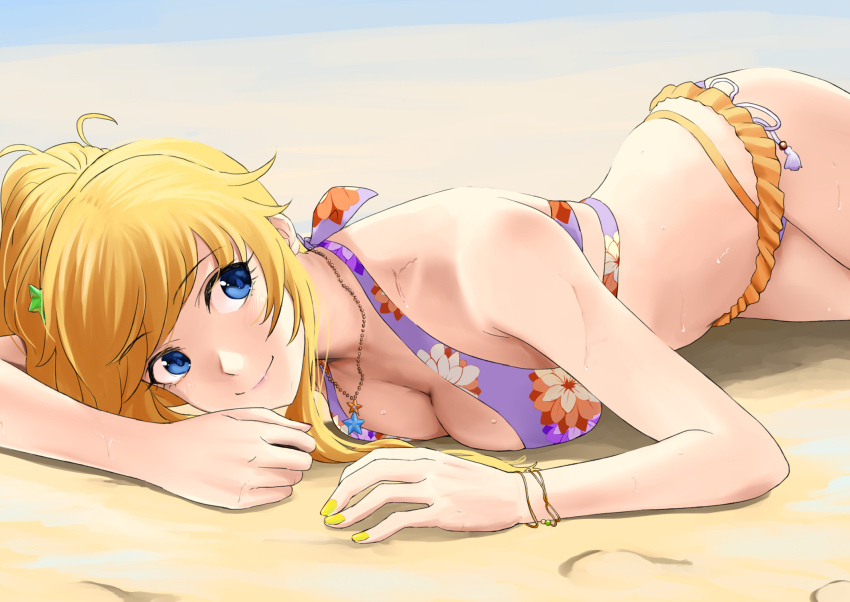 1girl bare_shoulders bikini blonde_hair blue_eyes bracelet breasts cleavage collarbone floral_print hair_ornament highres idolmaster idolmaster_cinderella_girls jewelry long_hair looking_to_the_side lying medium_breasts mizuki_(mizuki_ame) necklace ohtsuki_yui on_back ponytail purple_bikini smile swimsuit yellow_nails