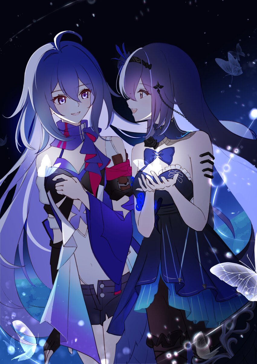 2girls absurdres bandana_around_arm bare_shoulders black_pantyhose black_shorts blue_background blue_collar blue_dress blue_hair bug butterfly collar commentary_request company_connection covered_navel cupping_hands detached_collar dress hair_between_eyes halterneck highres honkai:_star_rail honkai_(series) honkai_impact_3rd insect long_hair looking_at_another multiple_girls open_mouth own_hands_together pantyhose sazisazi50 see-through_butterfly seele_(honkai:_star_rail) seele_vollerei seele_vollerei_(eternal_night&#039;s_embrace) seele_vollerei_(herrscher_of_rebirth) short_shorts shorts smile strapless strapless_dress very_long_hair voice_actor_connection