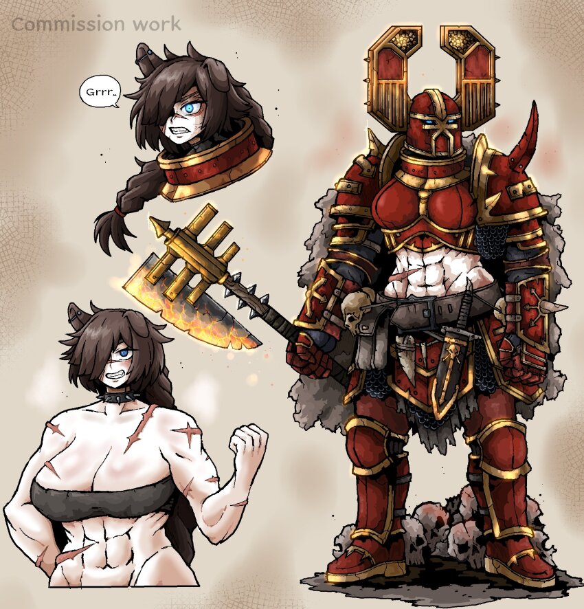 1girl abs adeptus_astartes animal_ears armor axe belt belt_pouch blue_eyes chainmail chaos_space_marine cloak collar commission dagger dog_ears dog_girl english_text fake_horns fire flaming_weapon fur_cloak growling hair_over_one_eye helmet highres horned_helmet horns khorne knife midriff muscular muscular_female octosoup pouch power_armor scar shoulder_spikes skull solo spiked_collar spikes tank_top warhammer_40k weapon world_eaters