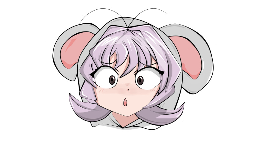 1girl :o ahoge animal_costume animal_ears blush brown_eyes cosplay eyelashes female_focus frown head_only highres kigurumi komi-san_wa_komyushou_desu mouse_costume mouse_ears mouse_girl open_mouth osana_najimi_(komi-san_wa_komyushou_desu) pink_hair purple_hair short_hair white_background