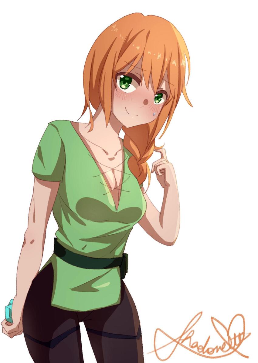 1girl alex_(minecraft) arm_at_side artist_request bad_anatomy bad_hands belt belt_pouch blue_gemstone blush braid breasts brown_pants cleavage cleavage_cutout clothing_cutout diamond_(gemstone) embarrassed facing_to_the_side gem green_belt green_eyes green_shirt hand_in_own_hair hand_up highres holding holding_gem holding_rock leaning_forward looking_at_viewer minecraft orange_hair pants pouch rock shirt side_braid signature single_braid smile sweatdrop v-neck white_background