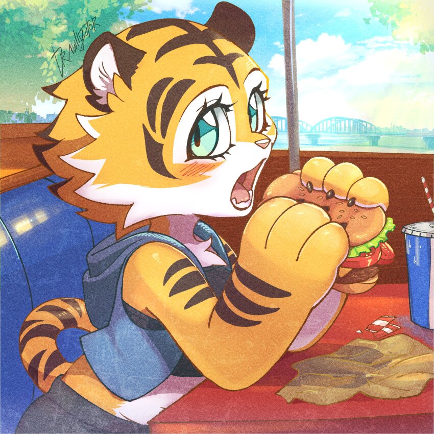 1girl animal_ears animal_hands animal_nose artist_name aura_(drawligator) bare_shoulders black_shirt blue_eyes blue_sky blue_vest blush body_fur brown_fur burger claws cloud crop_top cup day disposable_cup drawligator drink drinking_straw eating fangs female_focus food furry furry_female hands_up highres holding holding_food hood hood_up hooded_vest hoodie indoors ketchup lettuce looking_at_viewer meat midriff multicolored_fur open_clothes open_mouth open_vest original seat shirt signature sitting sky sleeveless sleeveless_shirt solo striped_fur table tail teeth tiger_ears tiger_girl tiger_tail tomato tomato_slice tongue tree vest white_fur window yellow_fur