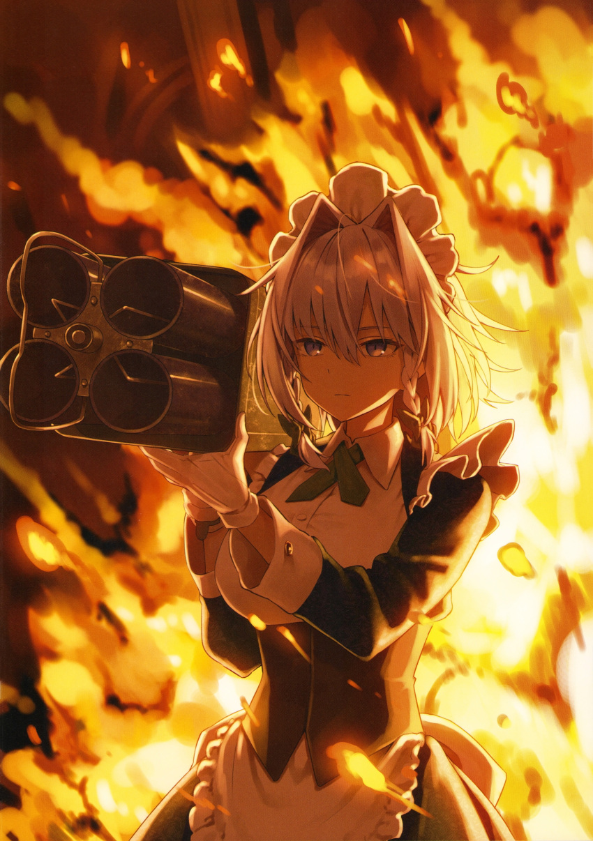 1girl absurdres apron bow braid closed_mouth collar explosion expressionless fire gloves greenkohgen grey_hair hair_bow highres holding holding_rocket_launcher holding_weapon izayoi_sakuya long_sleeves m202_flash maid maid_apron maid_headdress multishot_rocket_launcher rocket_launcher short_hair solo touhou twin_braids waist_apron weapon