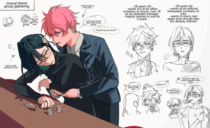 3boys 3girls alien_stage arrow_(symbol) bar_(place) black_hair black_jacket black_pants black_shirt bob_cut cigarette commentary cup drinking_glass drunk earrings english_commentary english_text formal_clothes glasses highres hug hug_from_behind hyuna_(alien_stage) ivan_(alien_stage) jacket jewelry long_sleeves luka_(alien_stage) mizi_(alien_stage) multiple_boys multiple_girls pants pink_hair ring shirt short_hair shot_glass smoking sua_(alien_stage) suit suit_jacket the_quipper till_(alien_stage) very_short_hair white_shirt wife_and_wife yuri