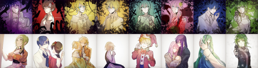 absurdres ahoge aku_no_meshitsukai_(vocaloid) akutoku_no_judgement_(vocaloid) allen_avadonia alternate_universe ascot baby back banica_conchita blonde_hair blue_dress blue_eyes blue_hair blue_neckwear blue_ribbon blush bow bowtie breasts brother_and_sister brown_hair burn_scar canvas_(object) carlos_marlon carrying_baby carrying_person chef choker cleavage clenched_hand clockworker&#039;s_doll closed_eyes clothes_grab collar comforting couple cousins crying doll dress drug_of_gold_(vocaloid) enbizaka_no_shitateya_(vocaloid) evillious_nendaiki family father_and_son flower frilled_collar frilled_cuffs frills gallerian_marlon glassred_no_shouzou_(vocaloid) gobanme_no_pierrot_(vocaloid) good_end green_eyes green_hair green_sash gumi gumina_glassred hair_bow hair_down hair_ribbon hakoniwa_no_shoujo_(vocaloid) hand_grab hand_on_another&#039;s_back hand_on_another&#039;s_chin hand_on_another&#039;s_head happy hat hatsune_miku headpat highres holding_another&#039;s_wrist houtei_no_nushi huge_filesize husband_and_wife jacket jacket_grab japanese_clothes jester jester_cap julia_abelard kagamine_len kagamine_rin kaito_(vocaloid) kamui_gakupo kimono kiss kissing_forehead lemy_abelard long_hair male_focus megurine_luka meiko_(vocaloid) mini_person minigirl mother_and_child mother_and_son multiple_boys multiple_girls nail_polish nanatsu_no_tsumi_to_batsu_(vocaloid) nemesis_sudou nemurase_hime_kara_no_okurimono_(vocaloid) nun obi orange_dress orange_jacket own_hands_clasped own_hands_together ponytail pov purple_flower purple_rose red_flower red_jacket red_kimono red_nails red_rose regret_message_(vocaloid) ribbon riliane_lucifen_d&#039;autriche rose saigo_no_revolver_(vocaloid) sash scar short_hair short_hair_with_long_locks short_ponytail siblings sidelocks sketch sleeping smile solo solo_focus streaming_tears sudou_kayo tears touching_another&#039;s_chin twins twintails updo venomania_kou_no_kyouki_(vocaloid) very_long_hair vocaloid warabi_(danngo-mitarasi) wide_sleeves yellow_dress