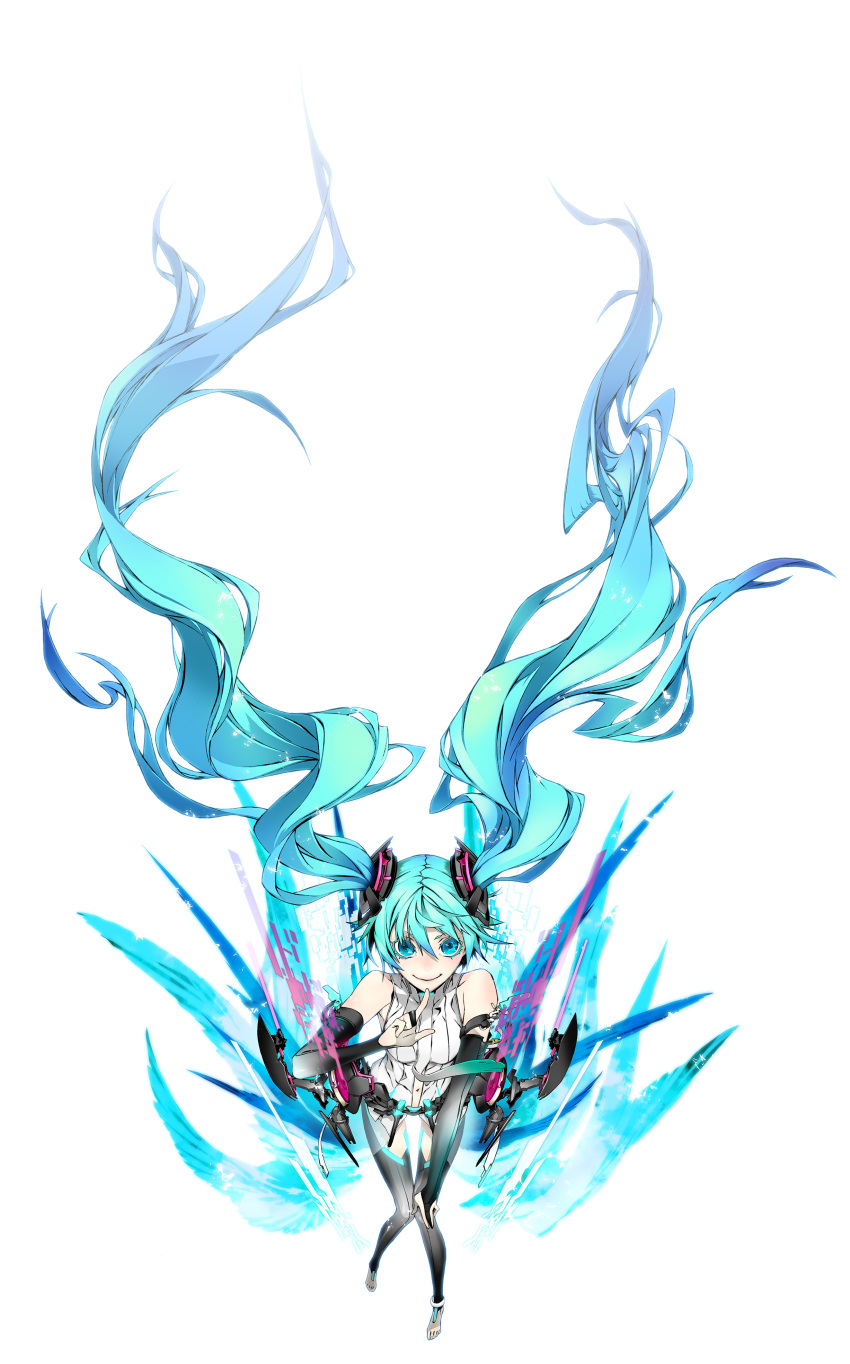 1girl absurdres aqua_eyes aqua_hair barefoot bridal_gauntlets closed_mouth floating_neckwear full_body glitch hair_between_eyes hair_floating_upwards hatsune_miku hatsune_miku_(append) highres long_hair looking_at_viewer miwa_shirow nail_polish navel necktie photoshop_(medium) simple_background smile solo twintails very_long_hair vocaloid vocaloid_append white_background