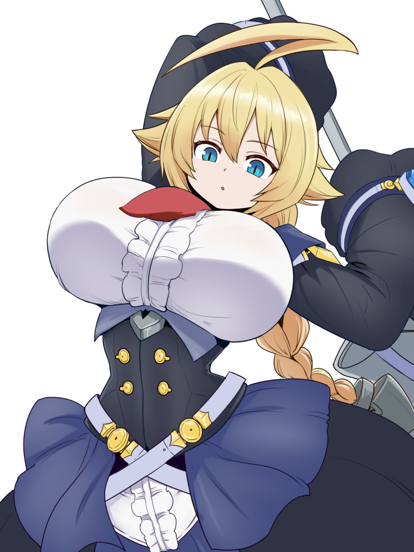 1girl ahoge black_dress blazblue blonde_hair blue_dress blue_eyes braid braided_ponytail breasts center_frills collared_shirt dress es_(xblaze) frilled_shirt frills from_below hair_between_eyes highres holding holding_sword holding_weapon huge_ahoge huge_breasts huge_weapon kuudere long_sleeves necktie okamura_(okamura086) open_mouth puffy_sleeves red_necktie shirt short_necktie shortstack sidelocks simple_background slit_pupils solo sword underbust weapon white_background white_shirt xblaze xblaze_code:_embryo