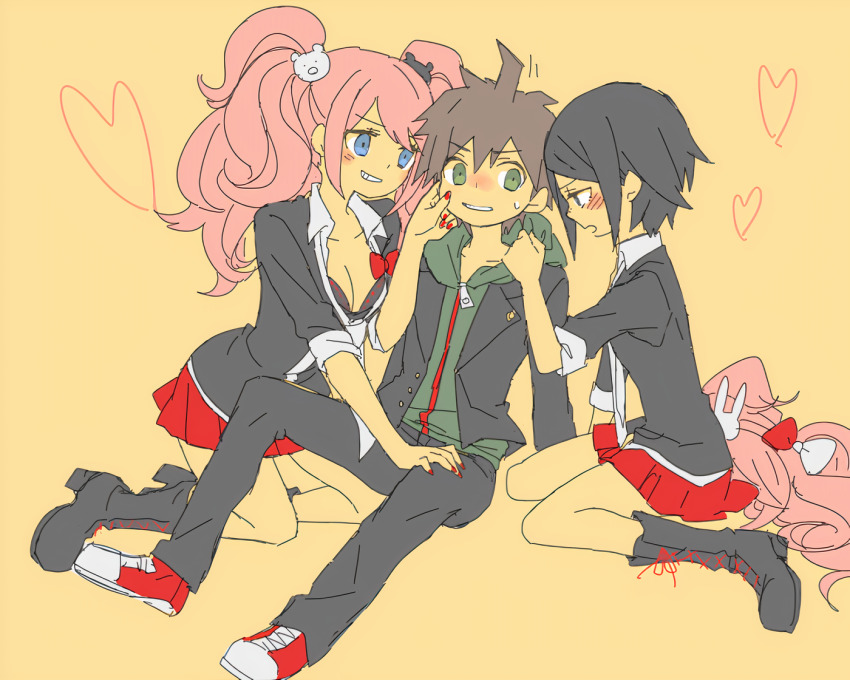 1boy 2girls ahoge bear_hair_ornament black_footwear black_hair black_jacket black_pants black_shirt blush boots bow breasts brown_hair knee_boots cleavage collarbone colored_skin danganronpa:_trigger_happy_havoc danganronpa_(series) enoshima_junko eyebrows eyelashes green_eyes green_hoodie hair_bow hair_ornament hand_on_another&#039;s_thigh heart high_heel_boots high_heels hood hoodie ikusaba_mukuro jacket kneeling legs_apart looking_at_another matching_outfits medium_breasts multicolored_bow multiple_girls naegi_makoto open_mouth pants pinching_cheek pink_hair pleated_skirt rabbit_hair_ornament red_bow red_shoes red_skirt shirt shoes simple_background sitting skirt small_breasts teeth twintails unworn_wig white_bow wig yellow_background yellow_skin