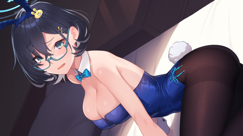 1girl animal_ears aqua_eyes ass bare_arms bare_shoulders black_hair black_pantyhose blue_archive blue_bow blue_bowtie blue_hairband blue_leotard blush bow bowtie breasts chihiro_(blue_archive) cleavage crossed_bangs detached_collar fake_animal_ears fake_tail glasses hairband halo highres hikichi_sakuya large_breasts leotard looking_at_viewer pantyhose parted_lips playboy_bunny rabbit_ears rabbit_tail short_hair solo tail thighs wrist_cuffs