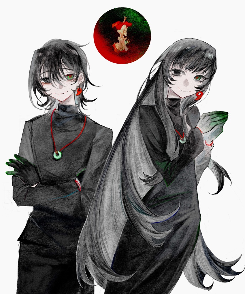 1boy 1girl absurdres apple apple_core black_dress black_eyes black_gloves black_hair black_pants black_sweater closed_mouth colored_extremities crossed_arms dress dual_persona earrings facial_mark food fruit gloves green_eyes heterochromia highres jewelry long_dress long_hair long_sleeves mark_under_both_eyes medium_hair naihe_(touqi_guaitan)_(female) naihe_(touqi_guaitan)_(male) necklace pants red_pupils sidelocks simple_background single_earring smile steepled_fingers strawbonni sweater touqi_guaitan turtleneck turtleneck_dress turtleneck_sweater very_long_hair white_background