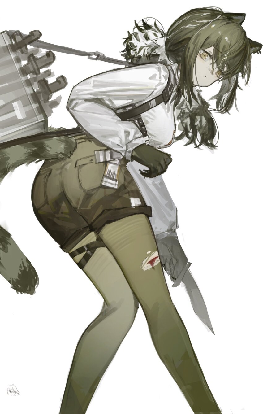 1girl animal_ears arknights ass bag belt blood breasts brown_gloves brown_hair brown_pantyhose brown_shorts collared_shirt cuts expressionless feet_out_of_frame from_behind gloves hair_between_eyes highres holding holding_knife injury knife leaning_forward long_sidelocks long_sleeves looking_at_viewer looking_back lunifish medium_breasts pantyhose pantyhose_under_shorts ponytail raccoon_ears raccoon_girl raccoon_tail robin_(arknights) shirt shorts shoulder_bag sidelocks simple_background sketch solo tail thigh_belt thigh_strap thighs torn_clothes torn_pantyhose white_background white_shirt yellow_eyes