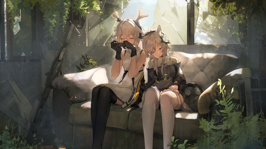2girls absurdres animal_ears antlers arknights black_dress black_gloves black_thighhighs broken_window brown_hair bush closed_eyes commentary_request couch dress feet_out_of_frame firewatch_(arknights) firewatch_(wilted_cypress)_(arknights) gas_mask gloves harmonica head_on_another&#039;s_shoulder heavyrain_(arknights) heavyrain_(tranquil_moss)_(arknights) highres horns indoors instrument mask multiple_girls music off_shoulder playing_instrument shirt slice_of_life thighhighs undershirt verniy_(tony52911856) weapon white_dress white_shirt white_thighhighs