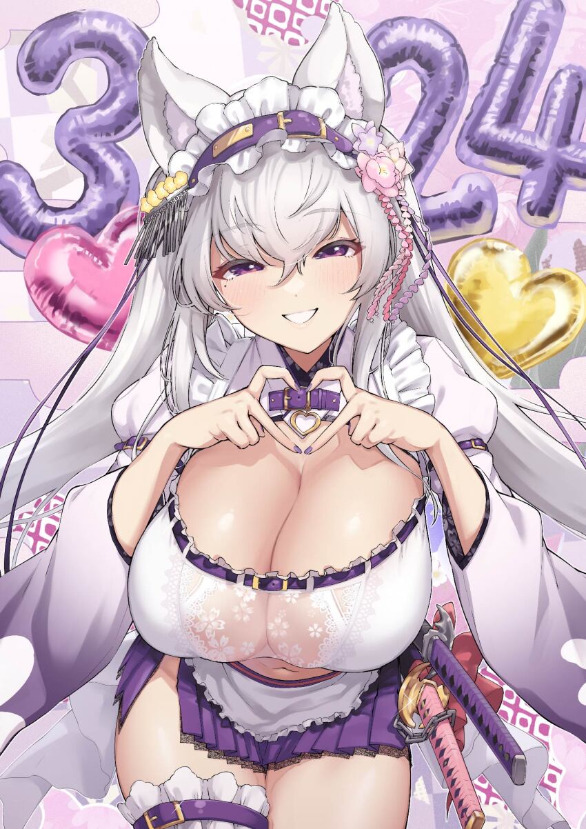 1girl four-finger_heart_hands animal_ear_fluff animal_ears balloon birthday blush breasts cleavage commission heart heart_balloon heart_hands herio highres huge_breasts indie_virtual_youtuber katana long_hair looking_at_viewer maid_headdress midriff miniskirt miyako_miyuri mole mole_under_eye second-party_source skindentation skirt smile solo sword tail very_long_hair virtual_youtuber weapon white_hair wolf_ears wolf_girl wolf_tail