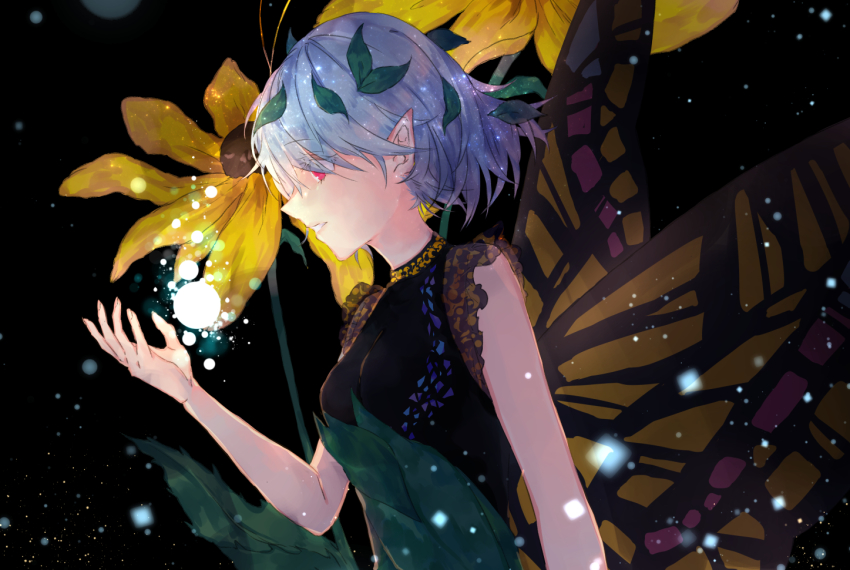 1girl ama_asagi antennae aqua_hair black_background butterfly_wings dress eternity_larva fairy flower green_dress hair_between_eyes hair_ornament insect_wings leaf_hair_ornament multicolored_dress open_mouth pointy_ears red_eyes short_hair single_strap solo touhou wings yellow_flower