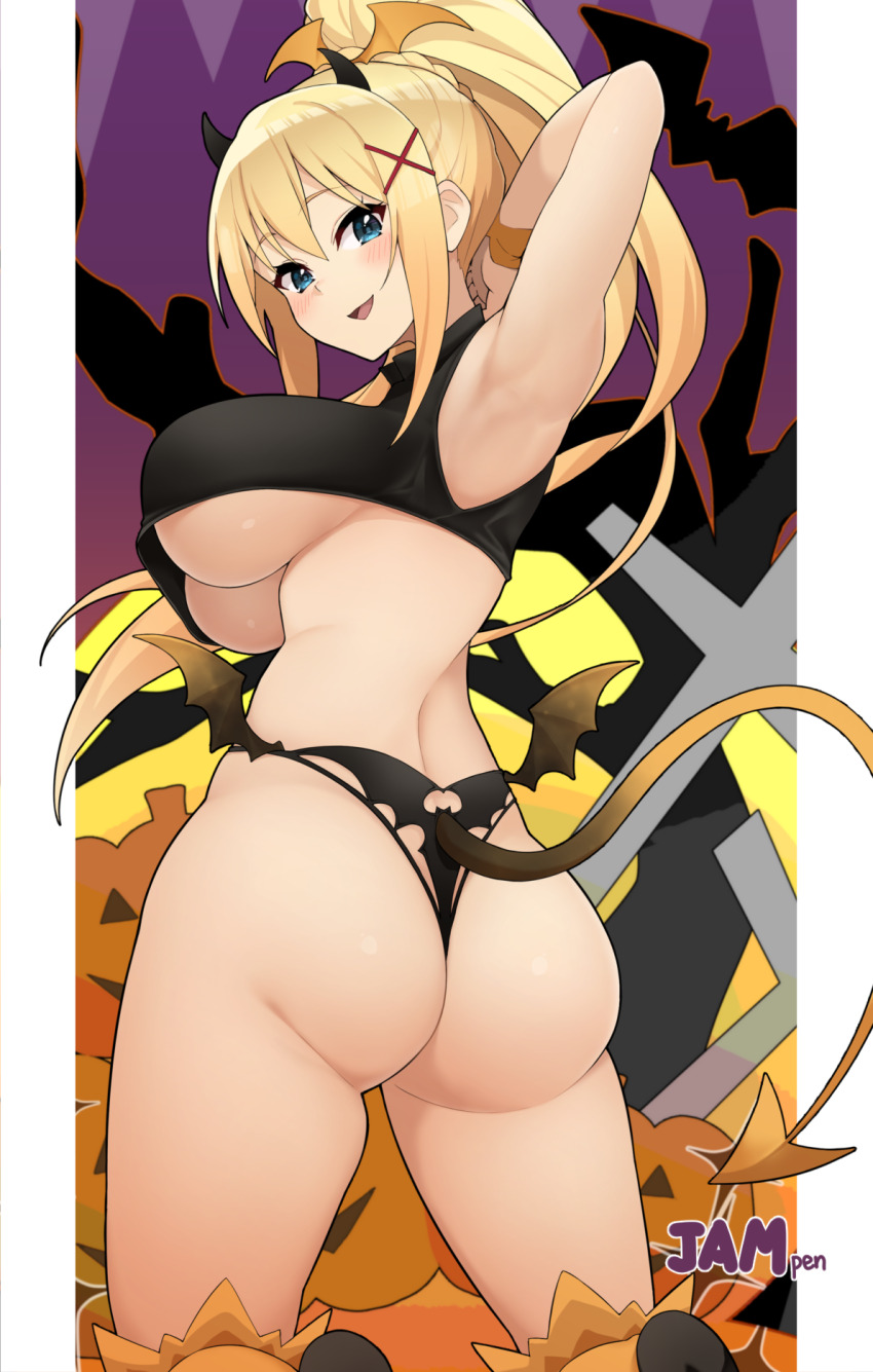 1girl :d alternate_costume arm_up armpits arms_behind_head arms_up ass bare_shoulders bikini black_bikini black_gloves blonde_hair blue_eyes blush breasts commentary_request crop_top darkness_(konosuba) demon_girl demon_tail extreme_crop_top from_behind gloves hair_between_eyes hair_ornament hairclip halloween halloween_costume highres horns jampen kono_subarashii_sekai_ni_shukufuku_wo! large_breasts long_hair looking_at_viewer looking_back navel open_mouth ponytail pumpkin revealing_clothes sidelocks smile solo standing swimsuit tail thighhighs thighs thong thong_bikini underboob very_long_hair