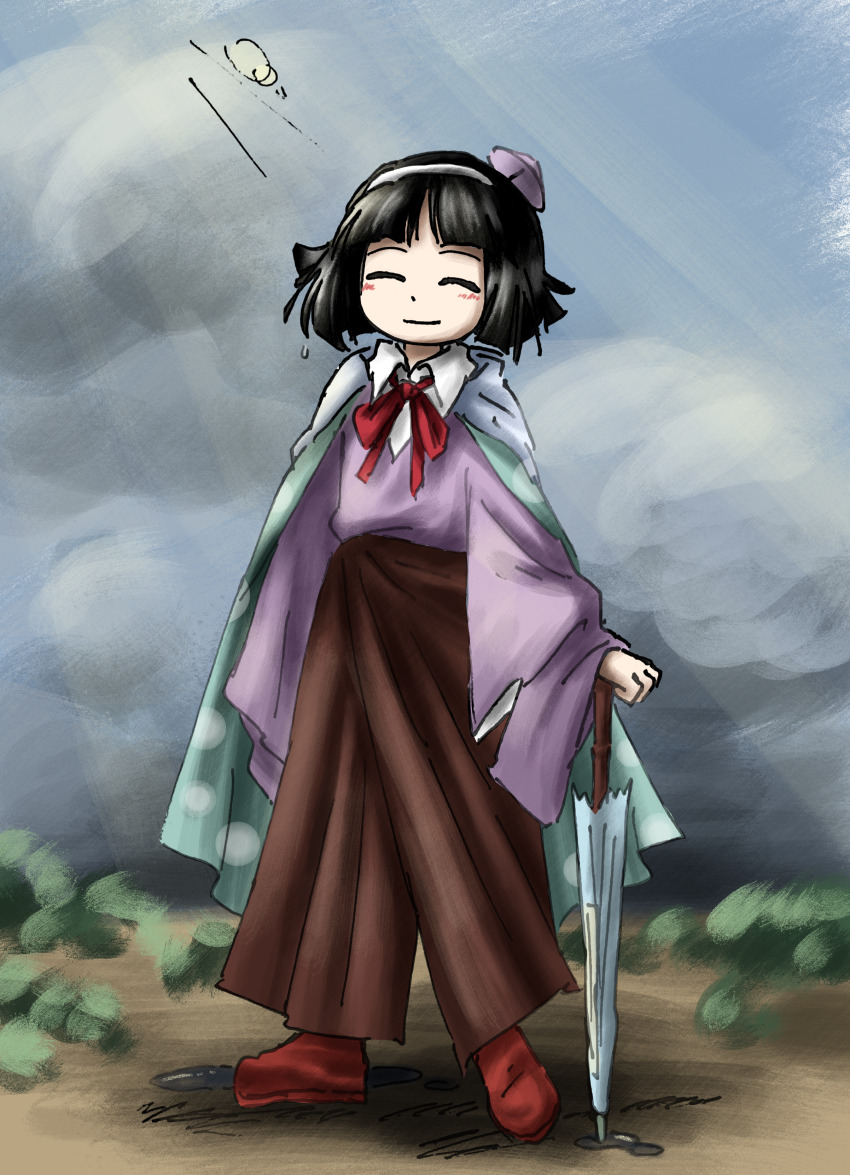 1other absurdres amanomiya_jun androgynous aqua_cape baila_kuangzi black_hair blue_sky blue_umbrella brown_skirt cape chinese_commentary closed_eyes closed_mouth collared_shirt commentary_request day full_body hairband highres holding holding_umbrella len&#039;en long_sleeves neck_ribbon oil-paper_umbrella other_focus outdoors purple_sweater red_ribbon red_shoes ribbon shirt shoes skirt sky smile solo standing sweater umbrella umbrella_hair_ornament white_hairband white_shirt wide_sleeves